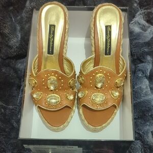 Beverly Feldman Gold and Tan Wedges